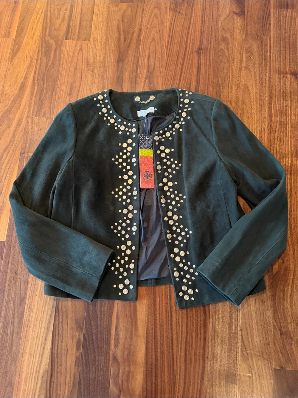 Tory Burch Stud-Embellished Dark Green Women's Leather Jacket